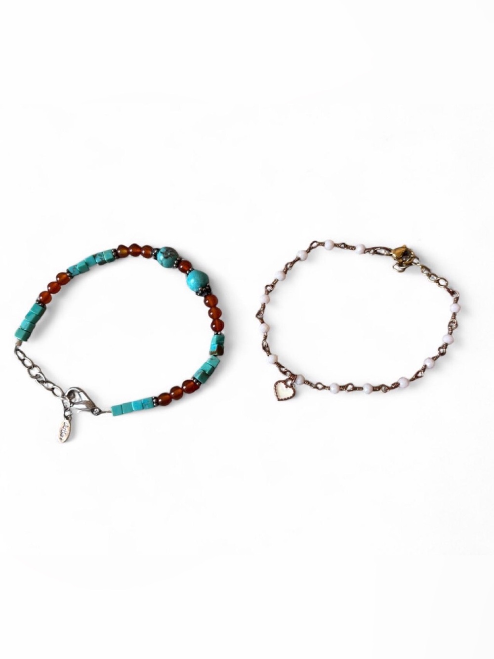 2 bracelets Turquoise & Orange Beaded & White Heart Accent with faceted stones